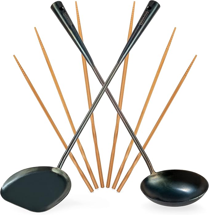 YOSUKATA Pre-Seasoned Wok Utensils Set - Blue Carbon Steel 17-inch Wok Spatula, Wok Ladle, 3 pairs Chopsticks - Durable Asian Cooking Tools
