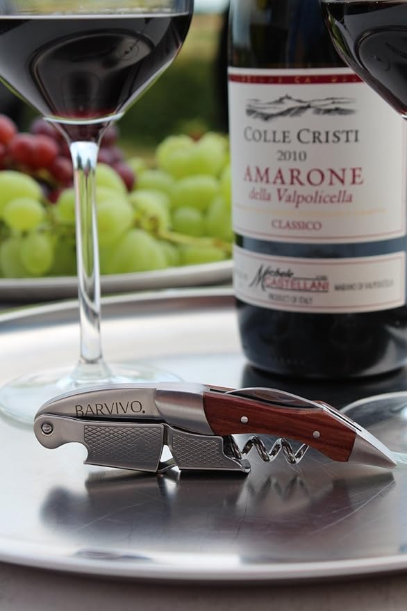 Barvivo Wine Bottle Opener with Double Hinged Corkscrew - 4.5-Inch Manual Wine Key with Foil Cutter and Cap Remover - Stainless Steel Bar Key Tool for Bartenders and Servers - Natural Rosewood Handle