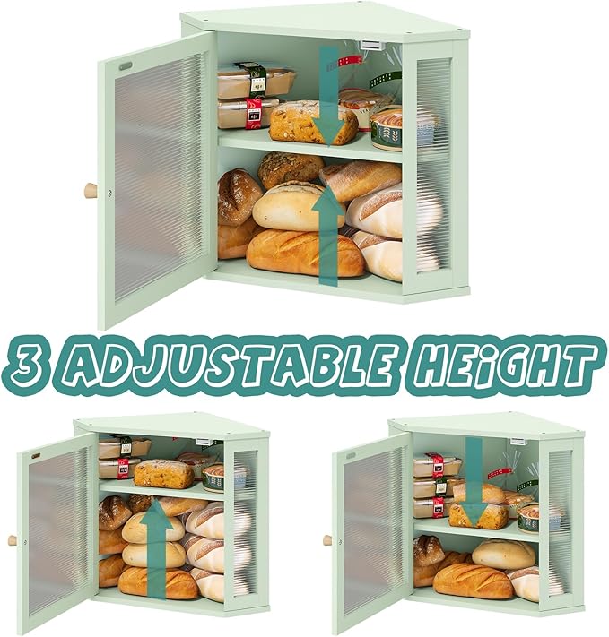 Corner Bread Box for Kitchen Countertop, Bamboo Wood Black Bread Box, Large Capacity Bread Storage Bin with Acrylic Wavy Door Panel