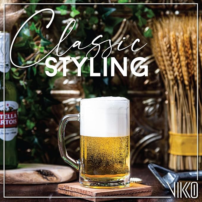 Vikko Beer Mug, Set of 2 Glass Beer Mugs, 13.5 Ounce, Dishwasher Safe Durable Drinking Glass for Craft Brews, Beer or Water