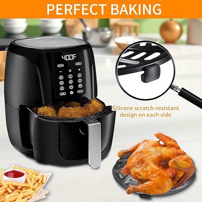 GCQ Air Fryer Grill Pan for Gourmia GAF536 GAF556 GAF566 5QT Air Fryer, 8.8''×8.4'' Nonstick Air Fryer Replacement Tray Parts Rack Basket Accessories Grill Plate Crisper Plate with Rubber Bumpers