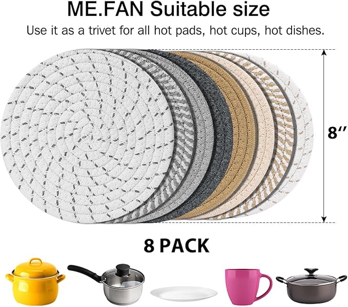 ME.FAN 8 Inch Trivets for Hot Dishs, 8 Set Cotton Thread Weave Trivets for Hot Pans, Potholders, Large Coasters, Hot Pads, Hot Mats to Protect Desktop & Countertop, Kitchen Essentials Mixed Color