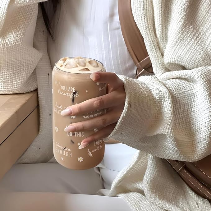 SANDJEST Inspiration Glass Can, Positive Motivational Cup with Lid & Straw, Iced Coffee Aesthetic Cups, Gift for Christmas Birthday Mother Day, Gifts for Women, 16oz