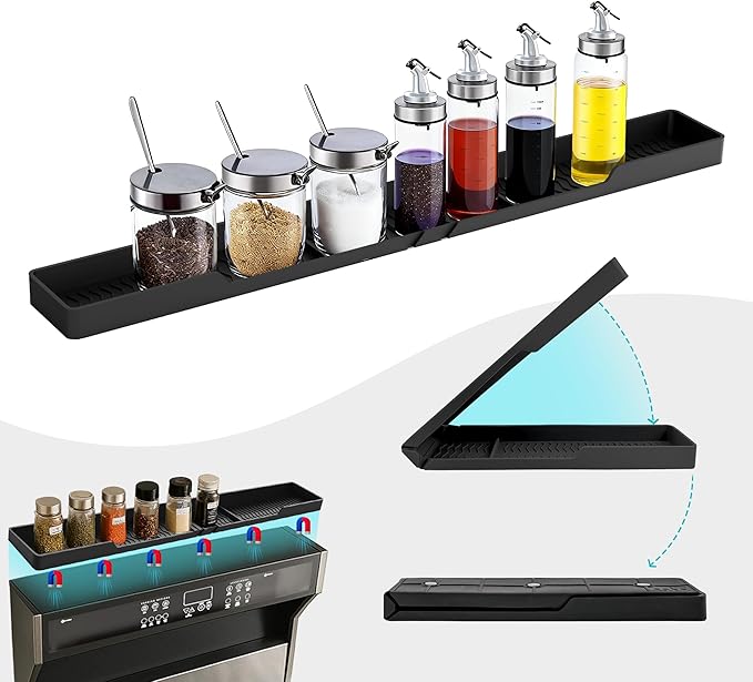 30" Stove Top Shelf, Soft and Heat Resistant,With 6 Suction Points,Fixed 3 Compartment Design For Storing Spices And Cooking Tools, Space Saving, Suitable For The Back Of The Stove, Black.