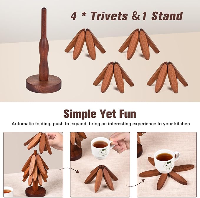 Wooden Trivets for Hot Dishes - Christmas Tree Coasters Set, Tree Shape Trivet With Stand, 4 Pieces + 1 Stand (Walnut Wood, 8.7)