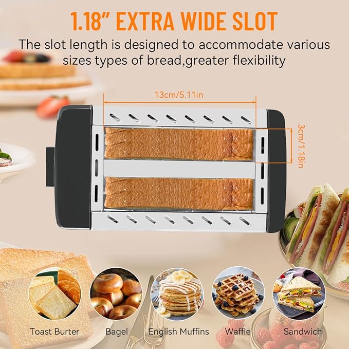 Sleek 2-Slice Toaster with Wide Slots – 6 Adjustable Settings, Defrost for Frozen Bread, Removable Tray, Compact Stainless Steel Design – Modern kitchen appliances Essential (Black)