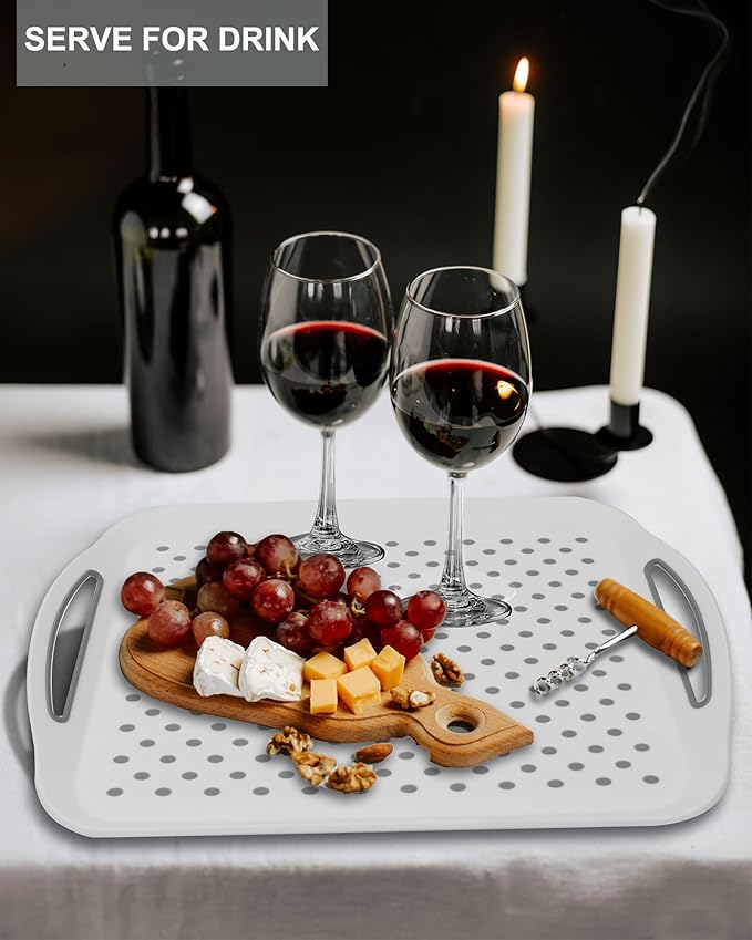 Large Nonslip Serving Tray with Handles, Silicone Grippy Dots Lap Food Trays for Eating, Dishwasher Safe Serve for Breakfast Dinner Snack Fruit Appetizers Beverage, Rectangular, Set of 2, White