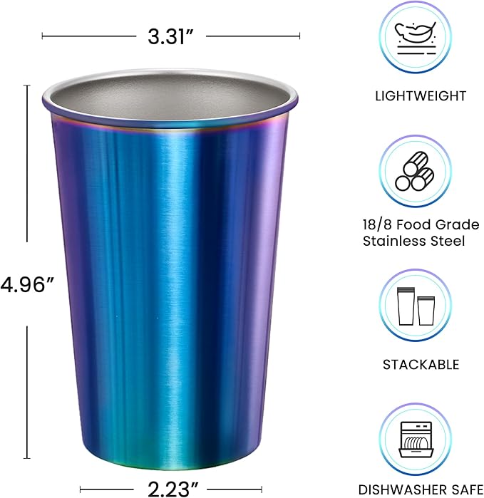 MEWAY 4 Pack 16oz Stainless Steel Pint Cup,Healthy Unbreakable and Stackable,Metal Drinking Glasses，Beer Glasses（Rainbow）