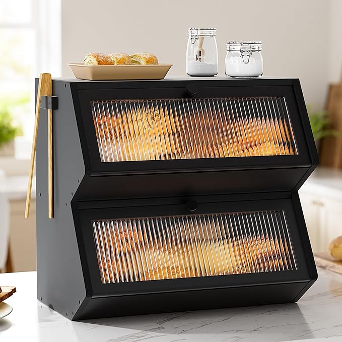 WOWLIVE Double Layer Bread Box for Kitchen Countertop, Large Bamboo Bread Storage Container for Homemade Bread, Farmhouse Bread Holder for Kitchen Counter Cabinet, Pantry, (Black, Extra Large)