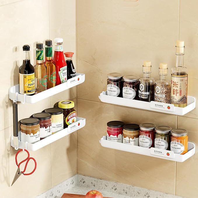 Spice Rack Organizer with Hook, Wall Mounted Spice Shelf Storage Holder, Seasoning Rack for Kitchen Organization and Storage (White, 2 Pack)