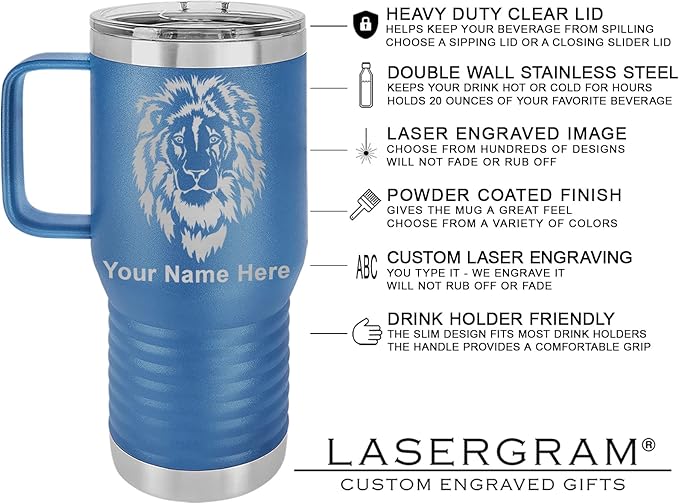 LaserGram 20oz Vacuum Insulated Travel Mug with Handle, Sushi, Personalized Engraving Included (Dark Blue)