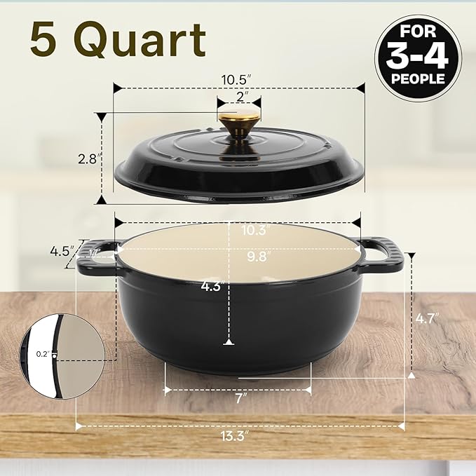 ROVSUN 5 Quart Enameled Cast Iron Dutch Oven with Lid, Dual Handles, Oven Safe up to 500°F or on Stovetop, Compatible for Braising, Stews, Roasting, Bread Baking-Black