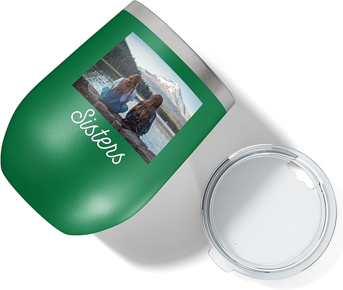 Personalized 12oz (17 Colors) Photo Printed Insulated Stainless Steel Powder Coated Stemless Wine Tumbler with Lid, Customized Gift Idea for Her, Custom Coach Gifts Team Mom Dad Mother's Day (Green)