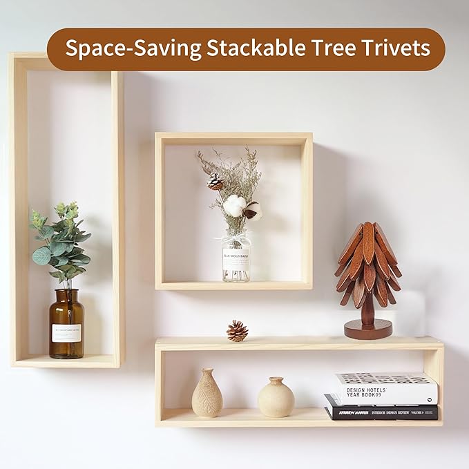 4PCS Wooden Trivets for Hot Dishes, Tree Shape Trivet Set,4 Wood + 1 Stand stored Like a Christmas Tree,Wooden Trivets for Hot Dishes、Pot、Bowl、Teapot、Hot Pot Holder, Brown