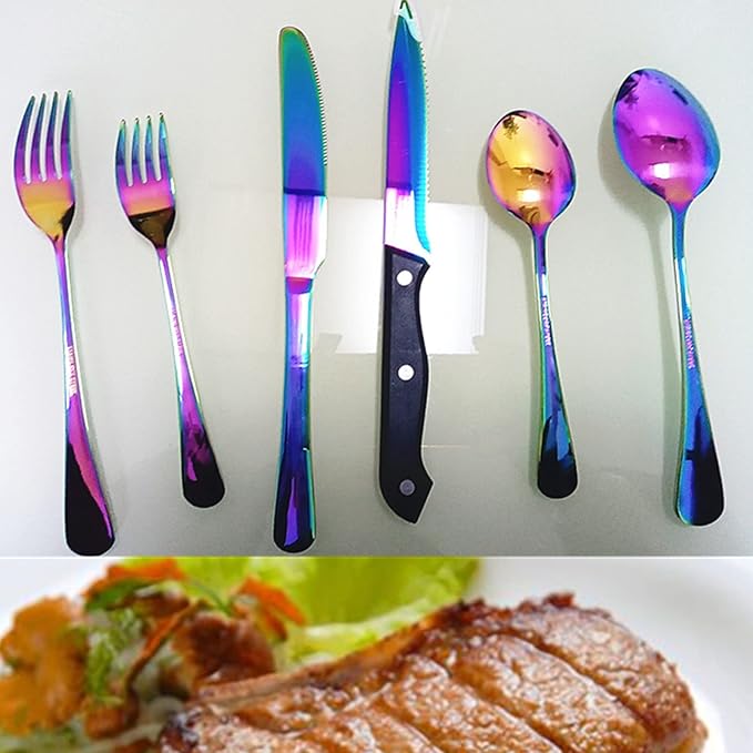 Rainbow Silverware Set For 4 Cutlery Stainless Steel Flatware 24 Piece Colorful Knives Fork Spoon Dishwasher Safe Eating Utensils For Festival Parties Restaurant