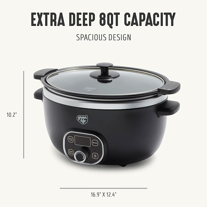 GreenLife 8QT Slow Cooker, Non-Toxic PFAS-Free Ceramic Nonstick Removable Interior Bowl, Programmable, Family Friendly, Keep Warm, Stovetop & Oven Safe, Dishwasher Safe Crock, Timer, Glass Lid, Black
