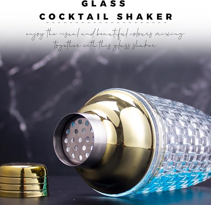 Gold Cocktail Shaker Set - Glass Cocktail Shaker with Strainer - Martini Shaker Set -Matching Cocktail Jigger & Bar Spoon with Muddler – Bartender Kit for Home Bar