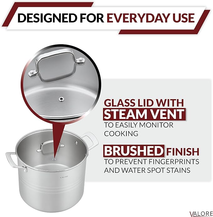 Valore 24 qt Stainless Steel Stock Pot with Lid & Canning Rack - 5-ply Soup Pot with Brushed Stainless Finish & Riveted Handles