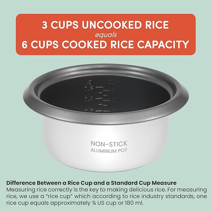 Elite Gourmet ERC-006NSTX Electric Rice Cooker with Non-Stick Inner Pot Makes Soups, Stews, Grains, Cereals, Keep Warm Feature, 6 Cups Cooked (3 Cups Uncooked), White