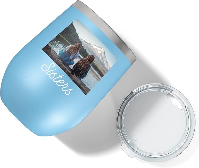 Personalized Mothers Day 12oz Photo Picture Printed Insulated Stainless Steel Powder Coated Stemless Wine Tumbler with Lid, Customized Mum Gift Idea Her, Custom Mom Coach Gifts Team (Light Blue)