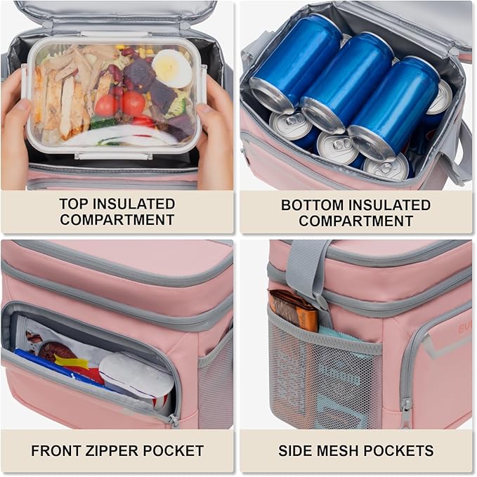 Everfun Womens Lunch Box Two Compartments Insulated Lunch Tote Bag Large Leakproof Soft Cooler for Work Picnic Travel (Light pink)