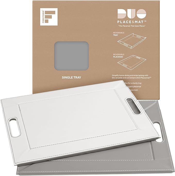 PLACEsMAT 2-in-1 Faux Leather Placemat & Serving Tray | Reversible Design, Lays Flat & Easy to Clean | Ottoman Food Tray, Perfect Housewarming Gift, 18” x 14” (Grey & White, Single)