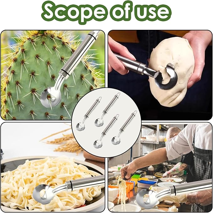 Cactus Peeler, 4 Pack 7" Long Handle Stainless Steel Steel Cuchara Pelador de Nopales, Safe Prickly Plant Slicer for Succulents & Nopales, Multifunctional Cactus & Chinese Noodle Cutter Tool