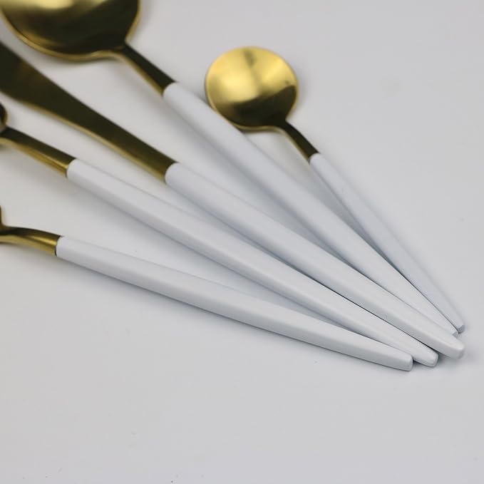 5-Piece 18/10 Stainless Steel Flatware Set, Serive for 1, With Fork Spoons Knife Teaspoon Dessert Fork for Home Kitchen Restaurant Hotel (White + Gold)