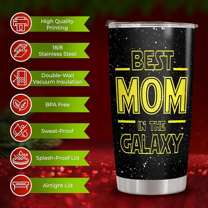 34HD Best Mom In The Galaxy Tumbler with Lid, 20oz Stainless Steel Mama Coffee Mug with Nutrition Facts, Star Inspirational Gifts from Son Daughter, Mom Gifts for Birthday, Mothers Day, Christmas