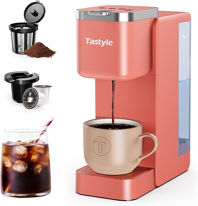 Single Serve Coffee Maker, Iced and Hot Coffee Machine for K Cup & Grounds, Compact Design, 40oz Removable Water Reservoir, 6 to 24 Oz Brew Sizes, Fits 7.3" Travel Mug, Salmon