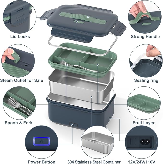 Electric Heated Lunch Box for Car Truck Home 1.8L 100W Portable Food Warmer with 12V/24V/110V/220V Hot Meal for Work Travel Jobsite Camping Christmas Gifts White Elephant Gifts for Adults/Men/Woman