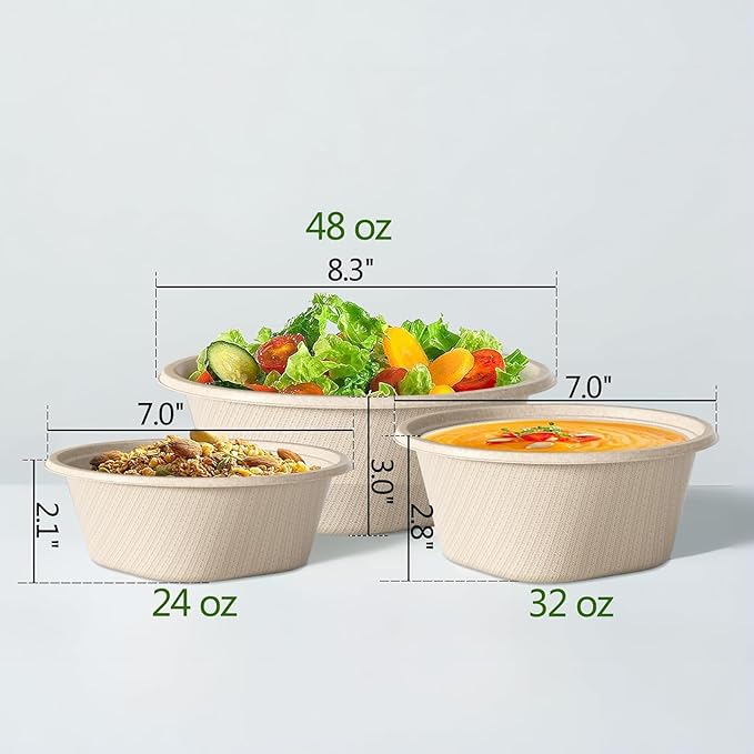 Homestockplus 32 Oz Deep Paper Bowls Disposable Bowl - Disposable Heavy Duty Compostable Bowls, Eco-friendly Sugarcane Bagasse Biodegradable Bowl for Soup, Salad, Dessert, Ice Cream [50 Pack]
