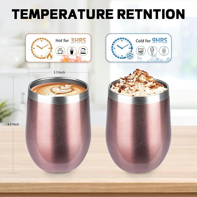 StarSpeed 12oz/12 Pack Wine Tumbler with lid, Stainless Steel Travel Mugs Stemless Double Wall Insulated Coffee Cup, Insulated Wine Glasses Travel Tumbler for Cold & Hot Drinks(Rose Gold, 12)