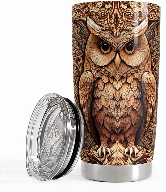 SANDJEST Owl Tumbler 20oz Stainless Steel Insulated Tumblers Coffee Travel Mug Cup Wood Drawing Style Owls Gifts for Women Men Gift for Birthday Christmas