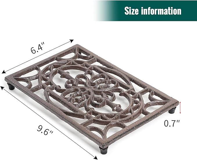 Sungmor Rectangle Cast Iron Trivets, Metal Trivet for Hot Pots and Pans, Heavy Duty Rustic Wood Stove Tea Pot Trivet, Decorative Hot Pot Holder for Kitchen Counter and Dining Table, Vintage Pattern