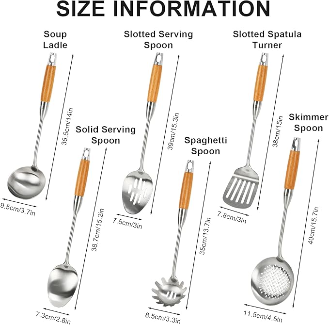 6 Packs 304 Stainless Steel Kitchen Cooking Utensils, 15 inch Cooking Utensils Tools, Turner, Ladle, Spoons & Pasta Server, Wooden Handle