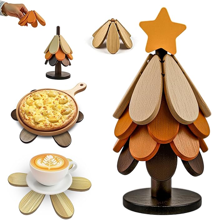 Wooden Trivets for Hot Dishes, Wooden Tree Trivet Set, Natural Tree Trivet Set - Foldable Wooden Tree Coasters for Kitchen Counter, Hot Pots and Pans, Heat Resistant Table Protectors
