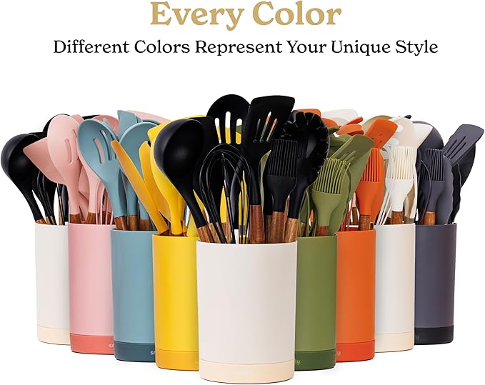 Silicone Kitchen Utensils Set & Holder: Cooking Utensils Set - Kitchen Essentials for New Home & 1st Apartment- Silicone Spatula Set, Cooking Spoons for Nonstick Cookware (Acacia Wood, Blue)