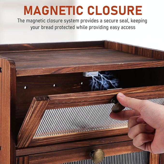 PRETYZOOM Bread Box for Kitchen Countertop, 2 Layer Wooden Bread Storage Bin with Magnetic Closure Window, Vintage Farmhouse Organization Kitchen Food Organizer