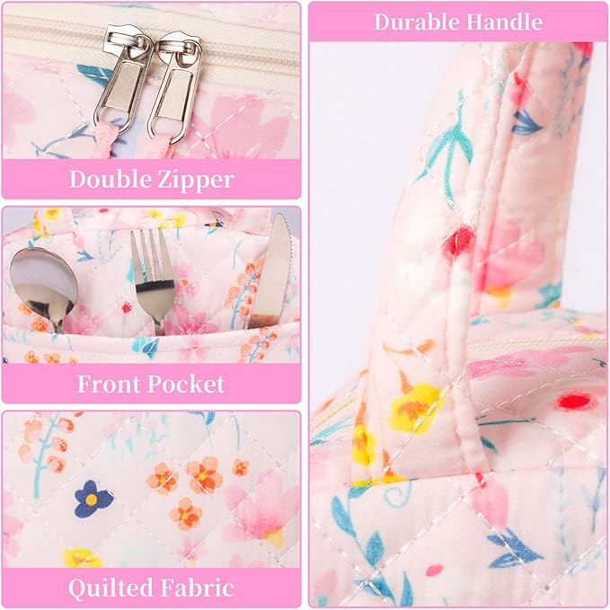 Quilted Lunch Box for Women,Lunch Box for Teen Girls,Cute Colorful Floral Lunch Bags for Work, School,Office,Picnic,Travel (Watercolor floral)