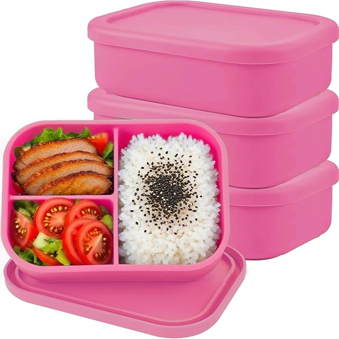 Silicone Adult Bento Box, 3 Compartment Leakproof Silicone Lunch Container, Lunch Box for Men and Women, BPA-Free, Microwave/Dishwasher/Freezer Safe, Reusable Snack Containers (3PCS-Pink)