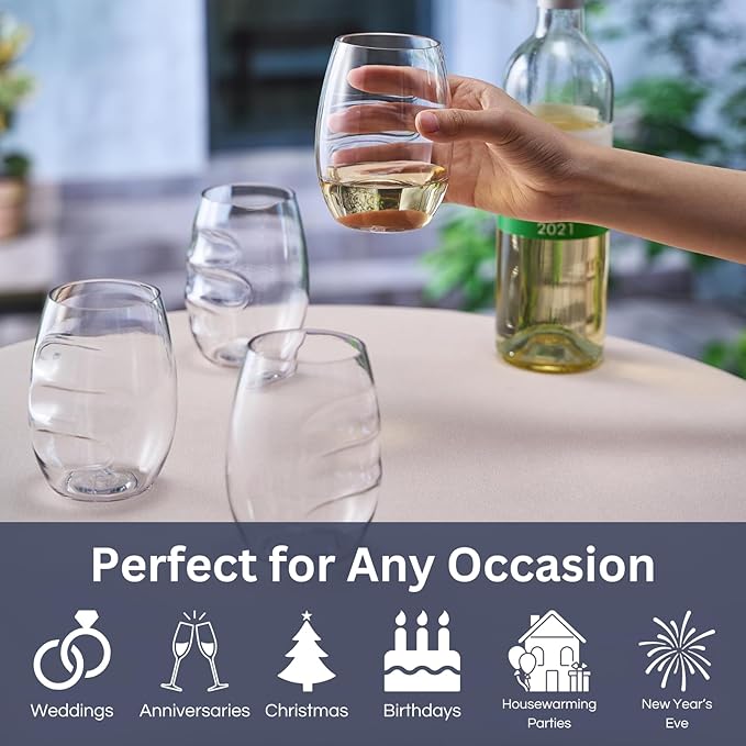 Unbreakable European Plastic Crystal, Stemless Wine Glasses | Set of 4, 13.5 OZ | Acrylic Tritan Set with 3-Finger Indentations - Clear Short Tumbler Set, BPA Free, Reusable, Naturally Aerates Wine