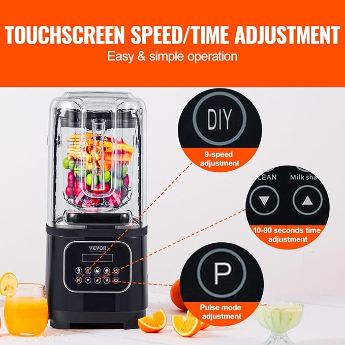 VEVOR Professional Blender with Shield, Commercial Countertop Blenders, 68 oz Jar Blender Combo, Stainless Steel 9 Speed & 5 Functions Blenders, for Shakes, Smoothies, Peree, and Crush Ice, Black