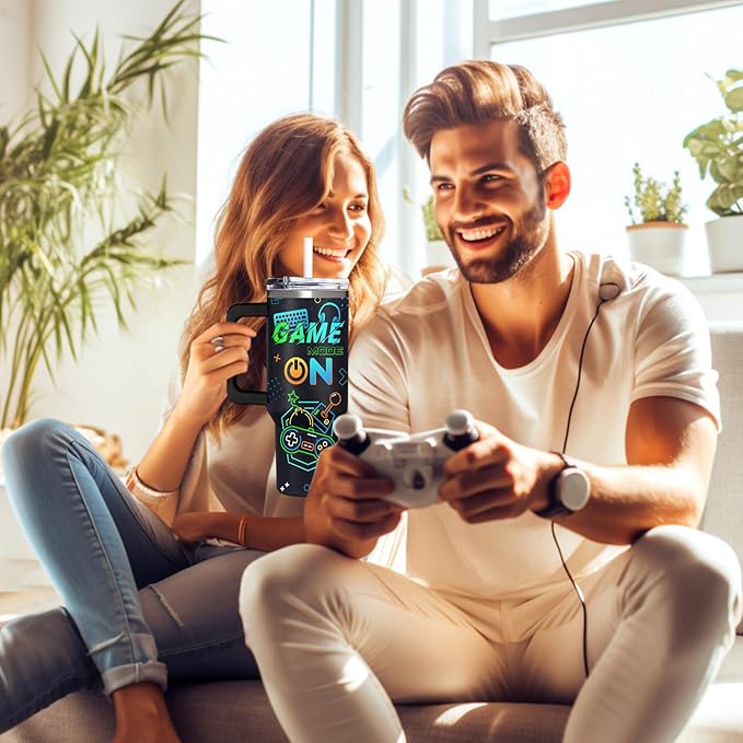 Gamer Gifts for Men from Daughter, Son, Kids, Wife - 40oz Game Tumbler With Handle and straw for Father's Day, Christmas, Birthday, Valentines Day - 40 oz Stainless Steel Tumbler for Gaming Men