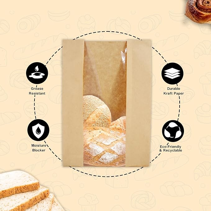 100 Sourdough Bread Bags For Homemade Loaf Kraft Brown Paper Bread Bags with Window and Square Bottom Large Bakery Bag - Reusable and Disposable Square Bottom for Easy Storage of Sandwiches and Bagels