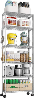 Karl home 6-Tier Storage Shelving with 1.5" Wheels,Adjustable NSF Metal Shelves Wire Storage Rack for Garage Kitchen Basement,1020LBS Capacity 72.83" H X 23.6" W X 13.78" D,Stainless S Hooks,Silver