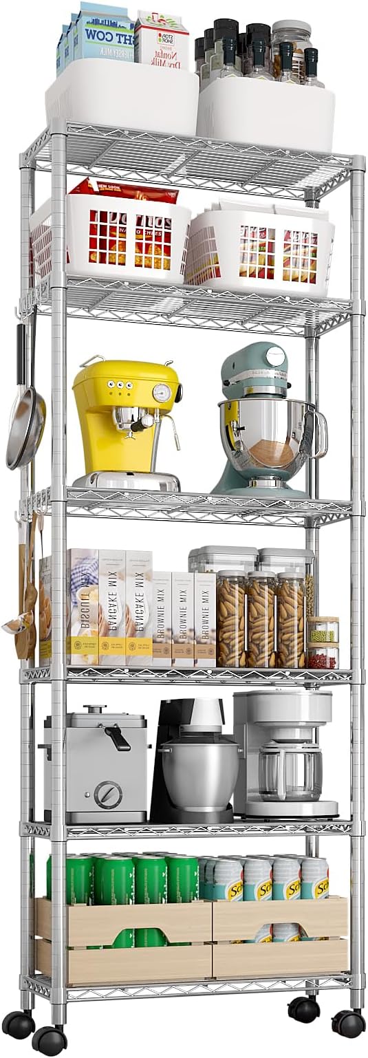 Karl home 6-Tier Storage Shelving with 1.5" Wheels,Adjustable NSF Metal Shelves Wire Storage Rack for Garage Kitchen Basement,1020LBS Capacity 72.83" H X 23.6" W X 13.78" D,Stainless S Hooks,Silver
