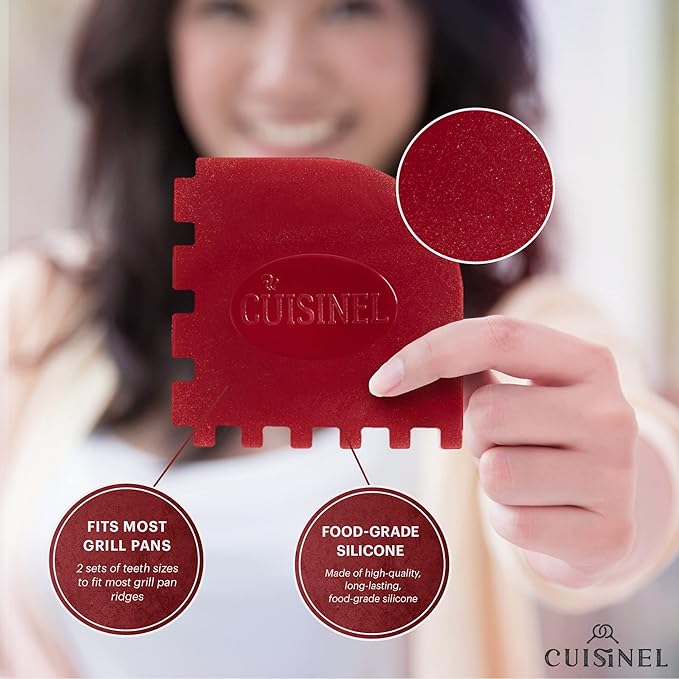 Cuisinel Cast Iron Scrubber Cleaning Brush + Stainless Steel Chainmail + Pan Scraper - Skillet, Grill Cleaner Kit - Soft-Touch Easy-Grip Dish Scrub Tool - Bristles Tough on Grease - Gentle on Cookware