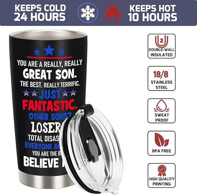 Gifts for Son from Mom Dad, Best Son Ever Gifts - Christmas Birthday Gift for Sons Adult, 20 OZ Sons Stainless Steel Insulated Travel Coffee Tumbler Cup