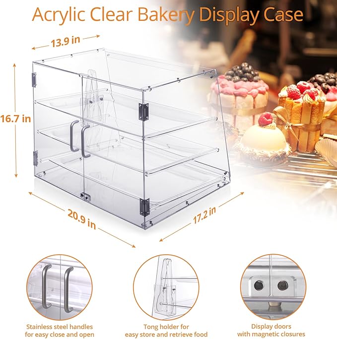 Bakery Display Case, Pastry Display Case Countertop 3 Tier Tray, Acrylic Clear Boxes for Bread Pastry Desserts Food Cookie, Display Cabinet Box for Baking Enthusiasts, 20.86 x 17.3 x 16.5 in